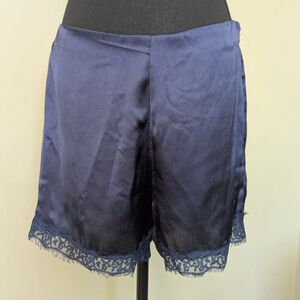 Paper Moon Satin Coquette Shorts - High Waist Lace Trim - Navy - M